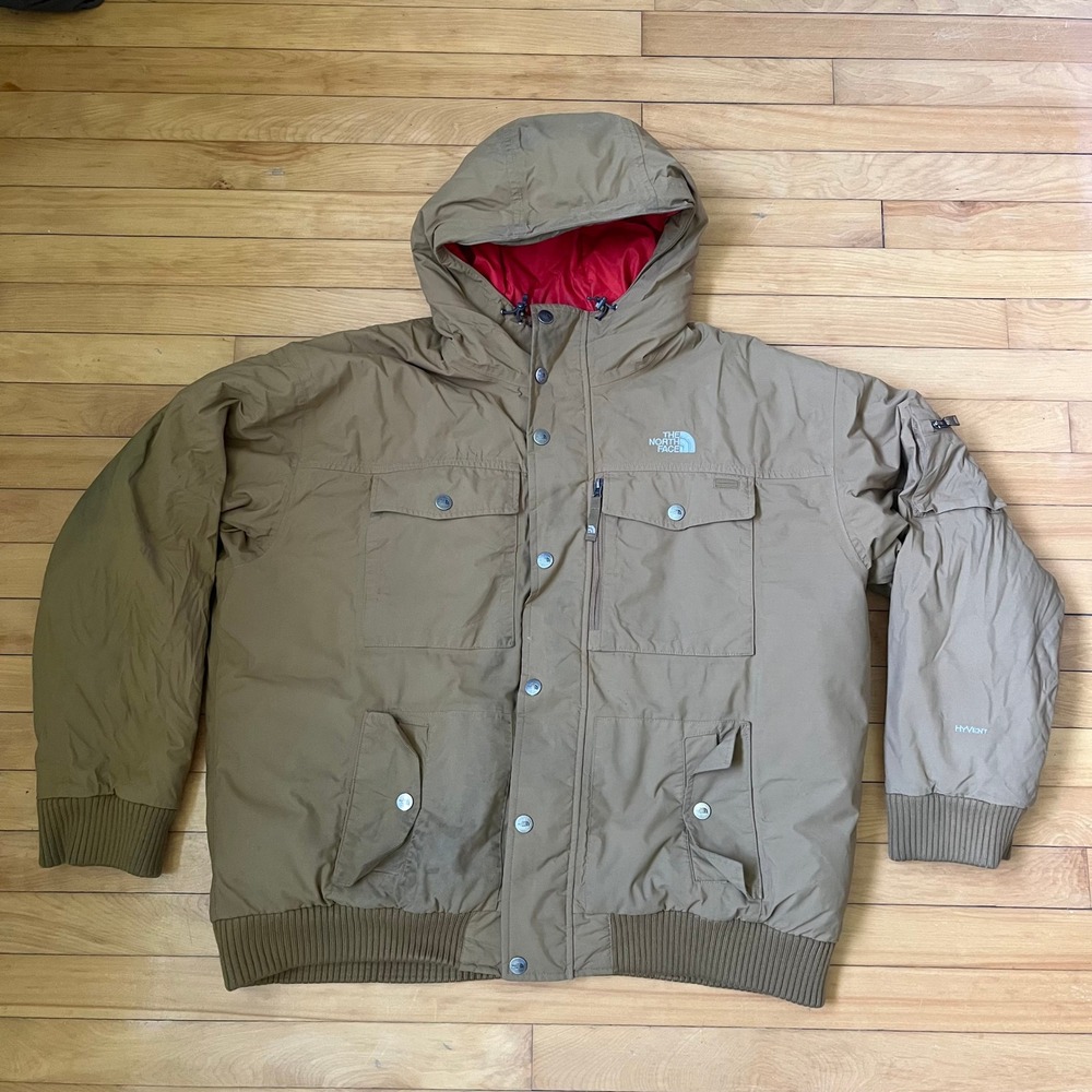 The North Face HyVent Hooded Parka Jacket Khaki Tan Red Lining Mens Large